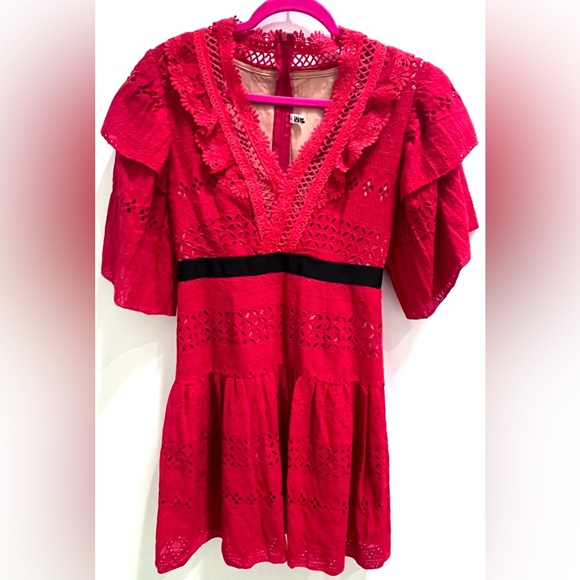 Red Eyelet Mini Dress with Ruffle Sleeves - Picture 1 of 5